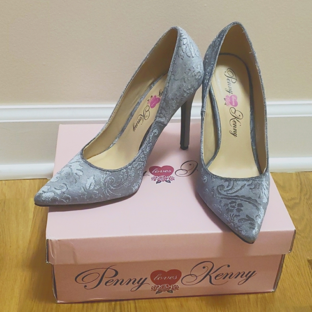 Gray Baroque Velvet Heels